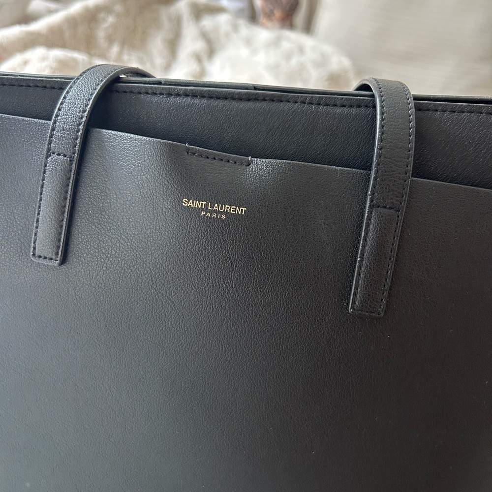 Saint Laurent Black Leather Tote with Gold Logo - Picture 2 of 4